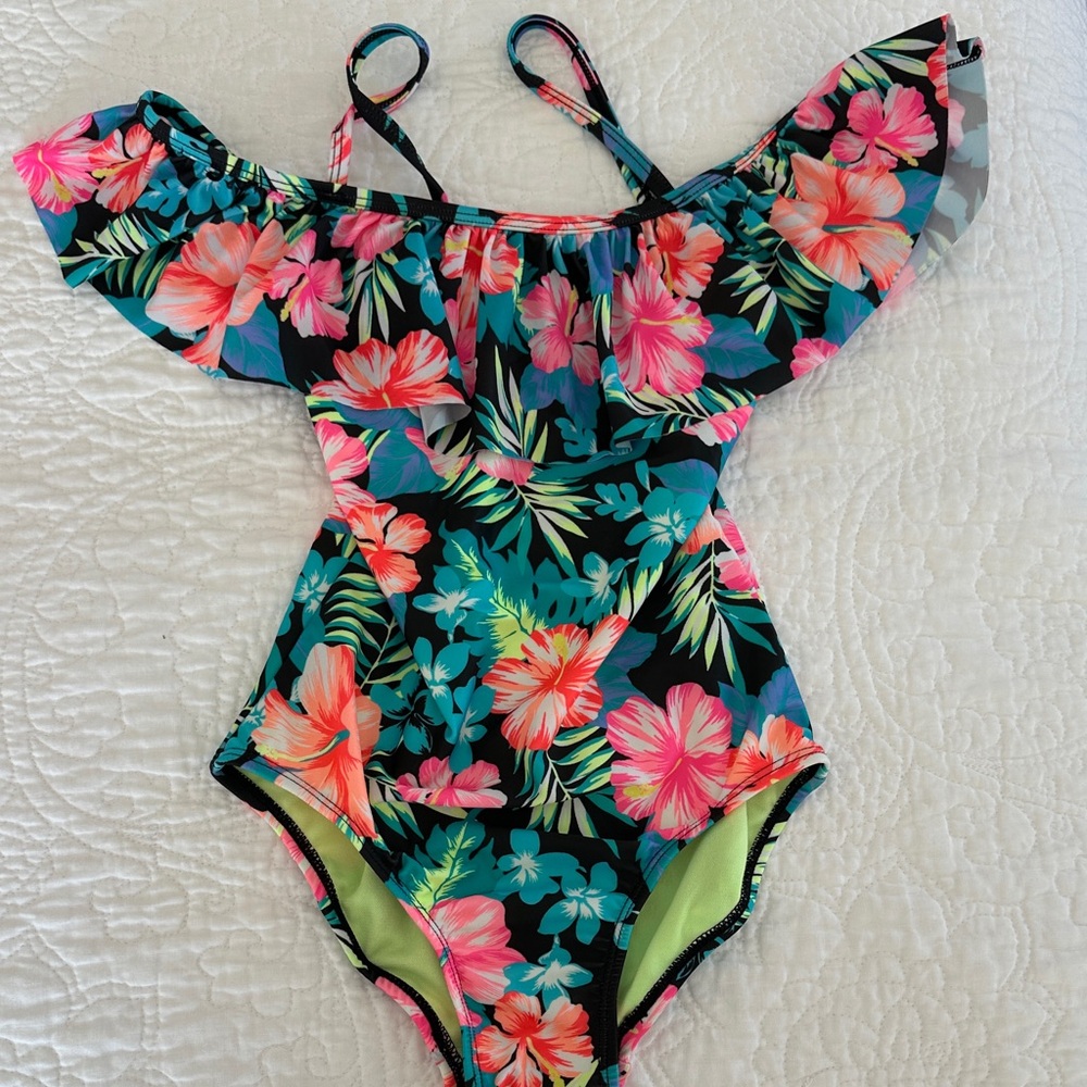 SO NEW girls Floral Swimsuit ruffle neon